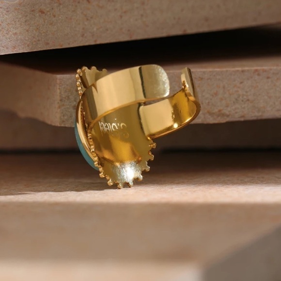 RETRO Large Aqua Natural Stone Gold Plated Statement Ring - Picture 7 of 12